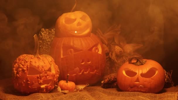 Grabado Jack Sonrisa Linterna Ojos Aterradores Calabazas Naranjas Halloween Con — Vídeo de stock