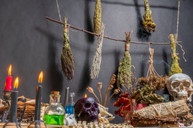Büyücülük töreni cadı dini sihirli sembolleriyle düzenlendi. Sihirli eşyalar ve aletler. Kara büyü mumları, ayin otları, hayvan kemikleri ve iksir şişeleri. Cadılar Bayramı konsepti.