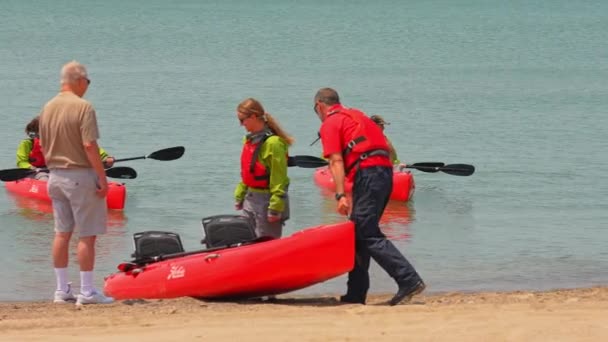ヴァイキング オクトゥランティスの乗客が浮遊し パドルは2人乗りのカヤックを運転し ゆっくりとした動きをします 船はクルーズで科学的な研究を行います ポイントペレ エリー湖 オンタリオ州 カナダ 2023 — ストック動画