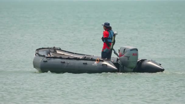 Man Operating Zodiac Milpro Military Professional Rib Rigid Inflatable Boat — Stock Video