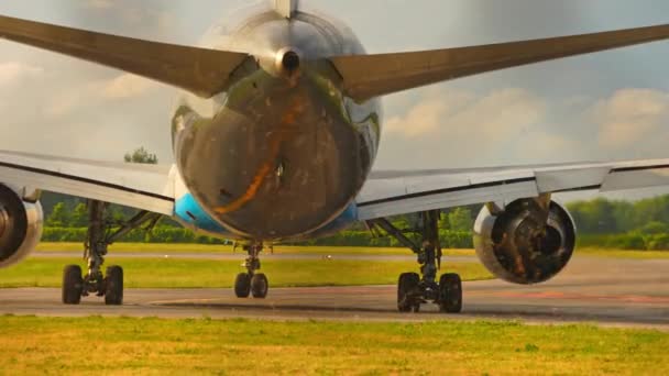 Uçak Motorlarının Sinematik Yavaş Çekimleri Tam Gaz Kalkış Iticileri Otlar — Stok video