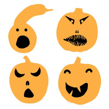 Yüzleri ve duyguları olan balkabağı kafalarının oyma şablonları kutlu olsun. Oyma ve tasarım için Cadılar Bayramı balkabağı siluetleri koleksiyonu. Korkunç komik Jack O Lantern yüzleri kesilmiş. Vektör.