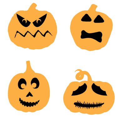 Yüzleri ve duyguları olan balkabağı kafalarının oyma şablonları kutlu olsun. Oyma ve tasarım için Cadılar Bayramı balkabağı siluetleri koleksiyonu. Korkunç komik Jack O Lantern yüzleri kesilmiş. Vektör.