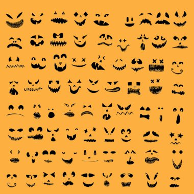 Canavarlar ve yaratıklar Cadılar Bayramı 'nda duygusal bir yüz şekli çizerler. Çizgi film yüzleri, anlamlı gözler ve ağız, gülümseyen, ağlayan yüz ifadeleri. Karikatür karalaması. İzole Vektör.