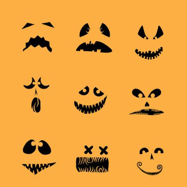 Balkabağı karakter yaratımı için Cadılar Bayramı siluetleri. Cadılar Bayramı balkabağı koleksiyonu, şekiller, gözler, burunlar, duygular, ürkütücü ve ürkütücü unsurlar. Vektör.