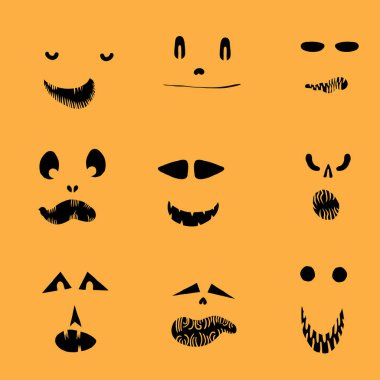 Canavarlar ve yaratıklar Cadılar Bayramı 'nda duygusal bir yüz şekli çizerler. Çizgi film yüzleri, anlamlı gözler ve ağız, gülümseyen, ağlayan yüz ifadeleri. Karikatür karalaması. İzole Vektör.