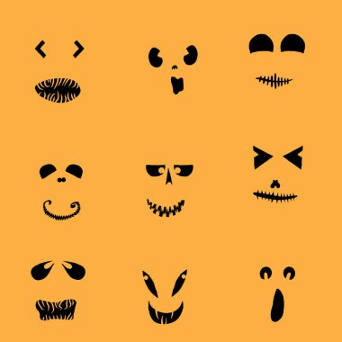 Canavarlar ve yaratıklar Cadılar Bayramı 'nda duygusal bir yüz şekli çizerler. Çizgi film yüzleri, anlamlı gözler ve ağız, gülümseyen, ağlayan yüz ifadeleri. Karikatür karalaması. İzole Vektör.