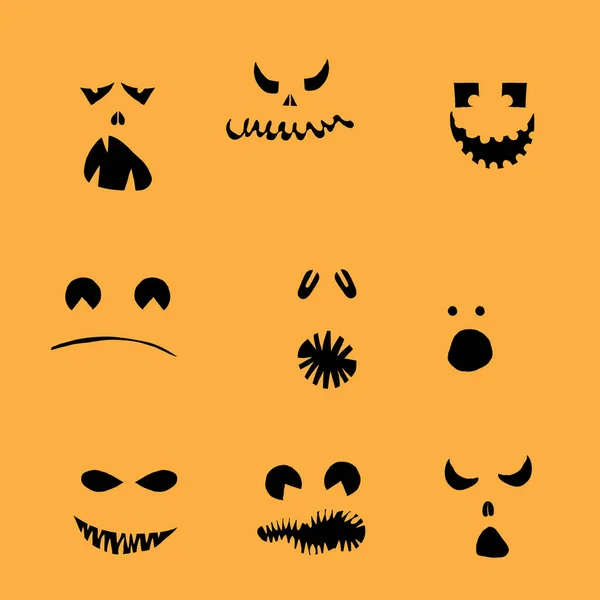 stock vector Halloween set of silhouettes for pumpkin character creation. Halloween pumpkin collection, shapes, eyes, noses, emotions, creepy and spooky elements decoration. Vector.