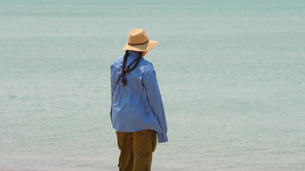 Mujer Viajera Pie Mirando Las Aguas Del Lago Erie Playa — Vídeo de stock