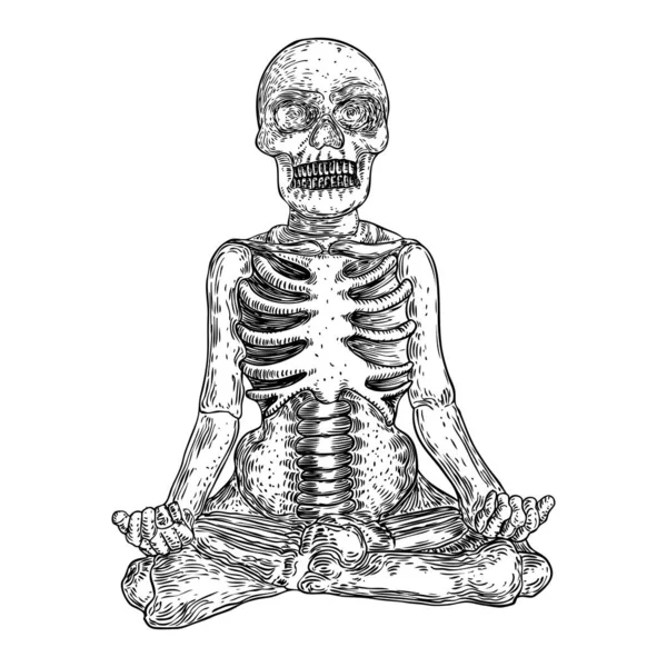 ヨガ瞑想や頭蓋骨のあるロータスの位置での人間の骨格 サイケデリック トランス エンゲージメントの 骨に座る人間だ ハロウィン要素 ベクター — ストックベクタ