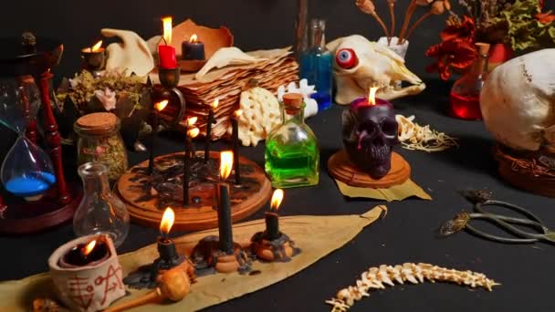 人間の頭蓋骨とセミの生き物のバグ儀式 選択的な焦点のために ハロウィーンのオカルト 神秘的で占いの魔法の概念 魔法の祭壇で魔女工芸黒魔法 — ストック動画