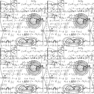 El yazısıyla yazılmış matematik, cebir ve geometri formülleri ve grafikleri, fonksiyonları, hesaplamaları ve işlemleri olan matematiksel dikişsiz doku. Vektör.