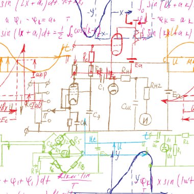 El yazısı fiziksel ve matematiksel formüller, elektronik bileşenler, Şematik diyagramı ve cihazların devre ile bilimsel sorunsuz arka plan. Elektrikçi desen. Vektör. 