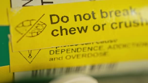 Prescription Bottle Sticker Text Break Chew Crush Opioids Medication Effective — Stock Video