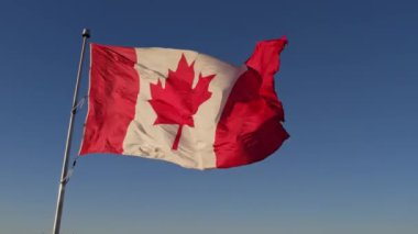 Happy Canadian citizen patriot concept. Canadian flag at wind, blue cloudy sky and golden hour sun.