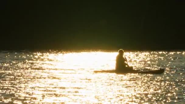 Силует Жінки Пливе Дошці Суп Веслує Золотій Годині Заходу Сонця — стокове відео