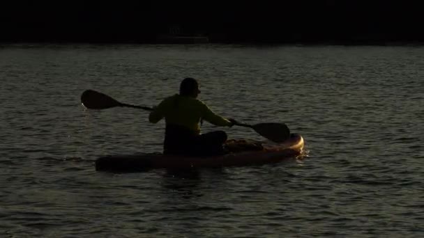 Woman Glides Paddleboard Tranquil Golden Hour Sunset Serene Lake Enjoying — Stock Video