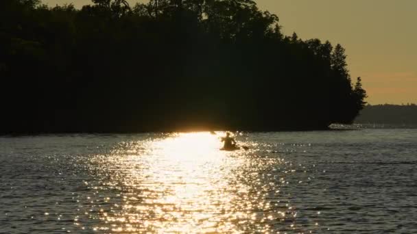 在平静的金色黄昏时分 女人在平静的湖面上滑行 享受夏日的温暖 参与单板跳板Sup运动 在湖畔放松身心 — 图库视频影像