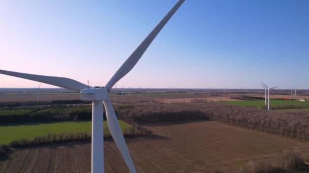 Large Wind Turbine Blades Field Aerial View Blue Sky Farms — 비디오