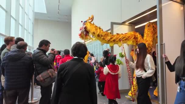 传统的亚洲龙舞在阿迦汗博物馆 2024年农历新年及龙年庆祝活动 加拿大安大略省多伦多 2024年2月17日 — 图库视频影像