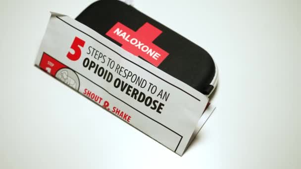 Naloxone Narcan Nasal Spray Emergency Overdose Kit Bag Used Recovery — Stock Video