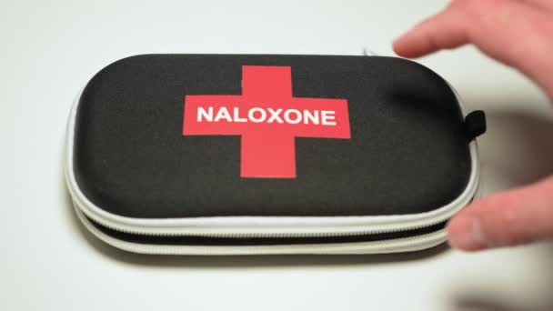 Narcan Nasal Spray Emergency Kit Bag Narcan Naloxone Used Opioid — Stock Video
