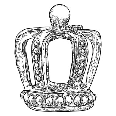 Kral ya da Kraliçe eski usul oymacılıkla taç giyer. Kral ve kraliçe için taç giyme töreni başlığı. Kraliyet soylu aristokrat kraliyet mücevher tacı. Hükümdar mücevherleri hazine sembolü. El çizim vektörü.