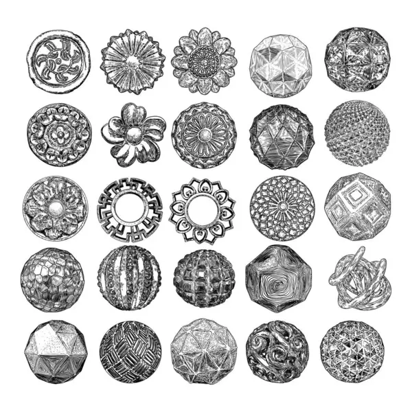 一套老式花型圆形铸造石材设计元素 采购产品大理石花环画流行的图案在黑色白色的纺织品 — 图库矢量图片#