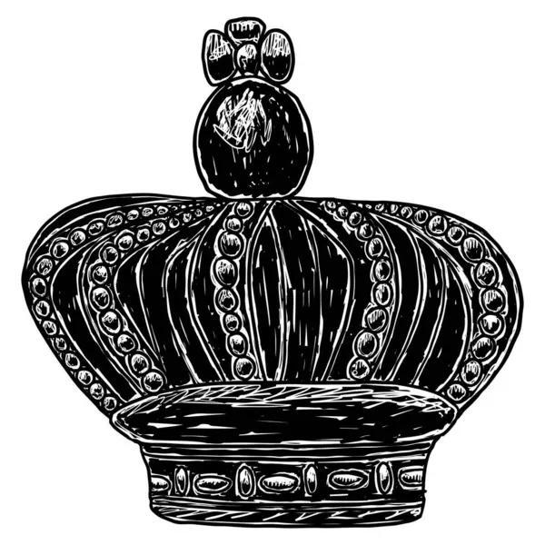 精美的镶嵌珠宝的王冠蚀刻画 加冕加冕国王手绘矢量图解 — 图库矢量图片#