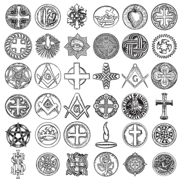 Grande Serie Simboli Religiosi Disegnati Mano Gesù Cristo Medaglione Incrociato — Vettoriale Stock