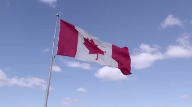 Happy Canadian citizen patriot concept. Canadian flag at wind, blue cloudy sky and golden hour sun.