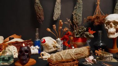 Kuru cadı otları kafatasıyla seçici bir odak noktası. Ruhsal okültizm ve sihirli kimya geçmişi. Büyücülük simya ve esrarengiz büyü tarikatı. Okült ve esrarengiz kavram.