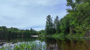 Paudash Gölü 'nün sakin su ve çam ağaçlarının resimli panoramik manzarası. Büyük göl manzarası ve doğa arka planı. Kanada, Ontario 'daki su doğal rezervuarı, seyahat yeri..