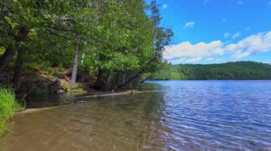 Yoğun çam ormanları ve uzak tehlikeli güzergahlarla çevrili yol kenarındaki görkemli vahşi doğa. Yaz sakin suyu. Kanada, Ontario 'daki vahşi doğal göl, uzak ıssız arazi..