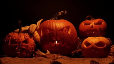 Cadılar Bayramı balkabakları ve hasat seti. Titreyen balkabaklarıyla Cadılar Bayramı geceniz kutlu olsun. Lanetli korkunç gece.