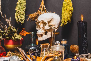 Büyücülük ayini. Sihirli tarikat için simya ve ezoterik semboller. Gizemcilikten esinlenen ruhani okültizm sihirli kimya. Cadı ve büyücü kavramı. Cadılar Bayramı zanaatı.