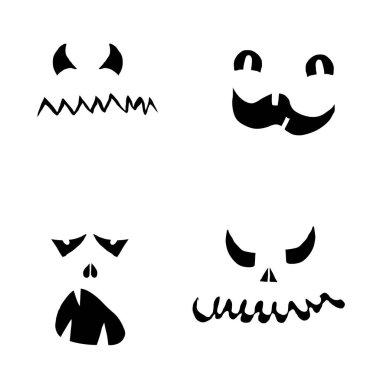 Canavarlar ve yaratıklar Cadılar Bayramı 'nda duygusal yüzler çizerler. Çizgi film yüzleri, anlamlı gözler ve ağız, gülümseyen, ağlayan yüz ifadeleri. Karikatür karalaması. İzole Vektör.