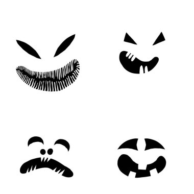 Canavarlar ve yaratıklar Cadılar Bayramı 'nda duygusal yüzler çizerler. Çizgi film yüzleri, anlamlı gözler ve ağız, gülümseyen, ağlayan yüz ifadeleri. Karikatür karalaması. İzole Vektör.