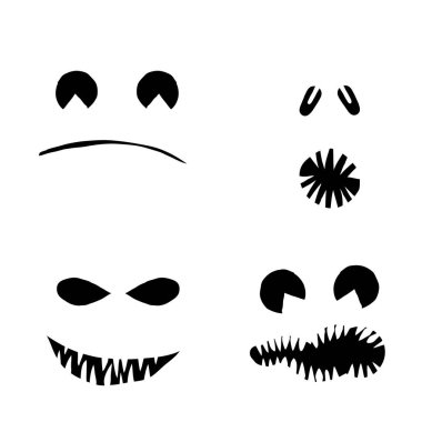 Cadılar Bayramı karakterlerinin siluetlerini oymak ve yaradılışı kesmek için kullanırlar. Cadılar Bayramı duygular, şekiller, gözler, burunlar, ağız, dişler, dişler, duygular, ürpertici ve ürkütücü. Vektör.