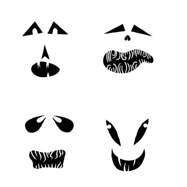 Canavarlar ve yaratıklar Cadılar Bayramı 'nda duygusal yüzler çizerler. Çizgi film yüzleri, anlamlı gözler ve ağız, gülümseyen, ağlayan yüz ifadeleri. Karikatür karalaması. İzole Vektör.