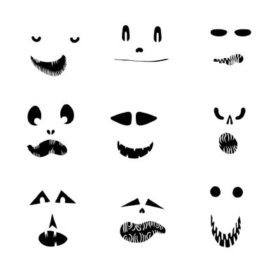 Canavarlar ve yaratıklar Cadılar Bayramı 'nda duygusal bir yüz şekli çizerler. Çizgi film yüzleri, anlamlı gözler ve ağız, gülümseyen, ağlayan yüz ifadeleri. Karikatür karalaması. İzole Vektör.