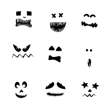 Canavarlar ve yaratıklar Cadılar Bayramı 'nda duygusal bir yüz şekli çizerler. Çizgi film yüzleri, anlamlı gözler ve ağız, gülümseyen, ağlayan yüz ifadeleri. Karikatür karalaması. İzole Vektör.