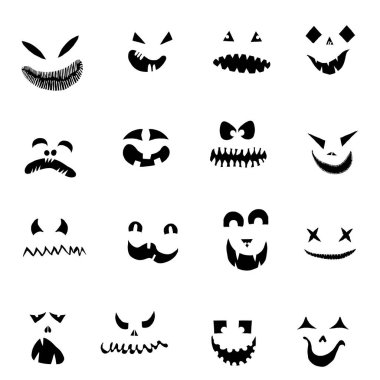 Canavarlar ve yaratıklar Cadılar Bayramı 'nda duygusal yüzler çizerler. Çizgi film yüzleri, anlamlı gözler ve ağız, gülümseyen, ağlayan yüz ifadeleri. Karikatür karalaması. İzole Vektör.