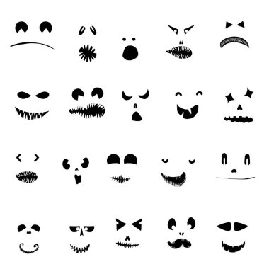 Canavarlar ve yaratıklar Cadılar Bayramı 'nda duygusal yüzler çizerler. Çizgi film yüzleri, anlamlı gözler ve ağız, gülümseyen, ağlayan yüz ifadeleri. Karikatür karalaması. İzole Vektör.