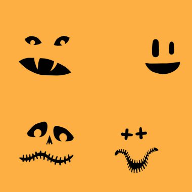 Monsters and creatures carving templates emotion face for Halloween Holidays. Cartoon faces, expressive eyes and mouth, smiling, crying face expressions. Caricature doodle. Isolated Vector. clipart