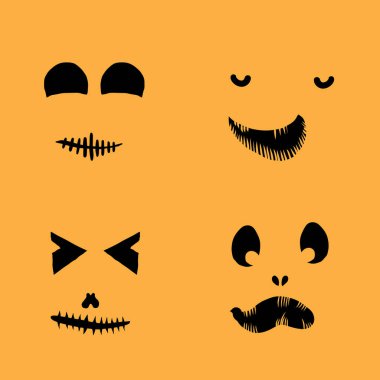 Balkabağı karakter yaratımı için Cadılar Bayramı siluetleri. Cadılar Bayramı balkabağı koleksiyonu, şekiller, gözler, burunlar, duygular, ürkütücü ve ürkütücü unsurlar. Vektör.