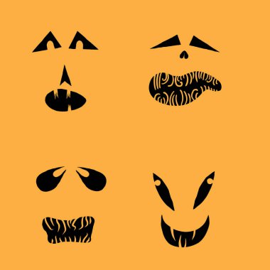 Canavarlar ve yaratıklar Cadılar Bayramı 'nda duygusal yüzler çizerler. Çizgi film yüzleri, anlamlı gözler ve ağız, gülümseyen, ağlayan yüz ifadeleri. Karikatür karalaması. İzole Vektör.