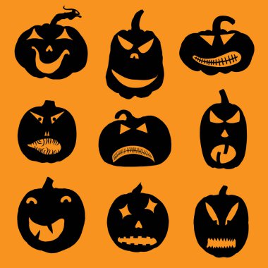 Yüzleri ve duyguları olan balkabağı kafalarının oyma şablonları kutlu olsun. Oyma ve tasarım için Cadılar Bayramı balkabağı siluetleri koleksiyonu. Korkunç komik Jack O Lantern yüzleri kesilmiş. Vektör.