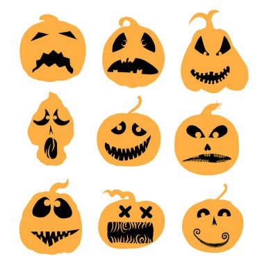 Cadılar Bayramı yüzleri ve balkabağı ikonu seti. Beyaz arka planda ürkütücü turuncu balkabağı gülümsüyor. Cadılar Bayramı için duygusal balkabağı yüz hareketleri ve tasarım dekorasyonu. Vektör.