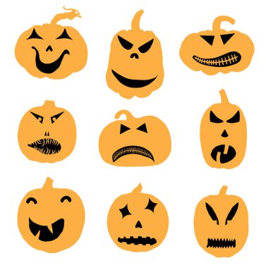 Yüzleri ve duyguları olan balkabağı kafalarının oyma şablonları kutlu olsun. Oyma ve tasarım için Cadılar Bayramı balkabağı siluetleri koleksiyonu. Korkunç komik Jack O Lantern yüzleri kesilmiş. Vektör.